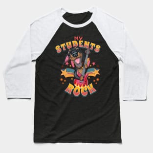 Fun Doxie Dog with guitar on Students Rock with stars Baseball T-Shirt